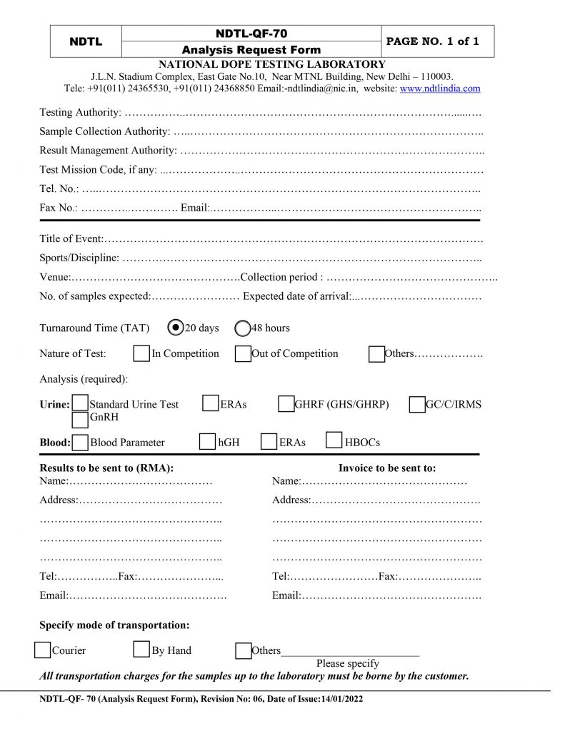 Analysis Request Form | National Dope Testing Laboratory